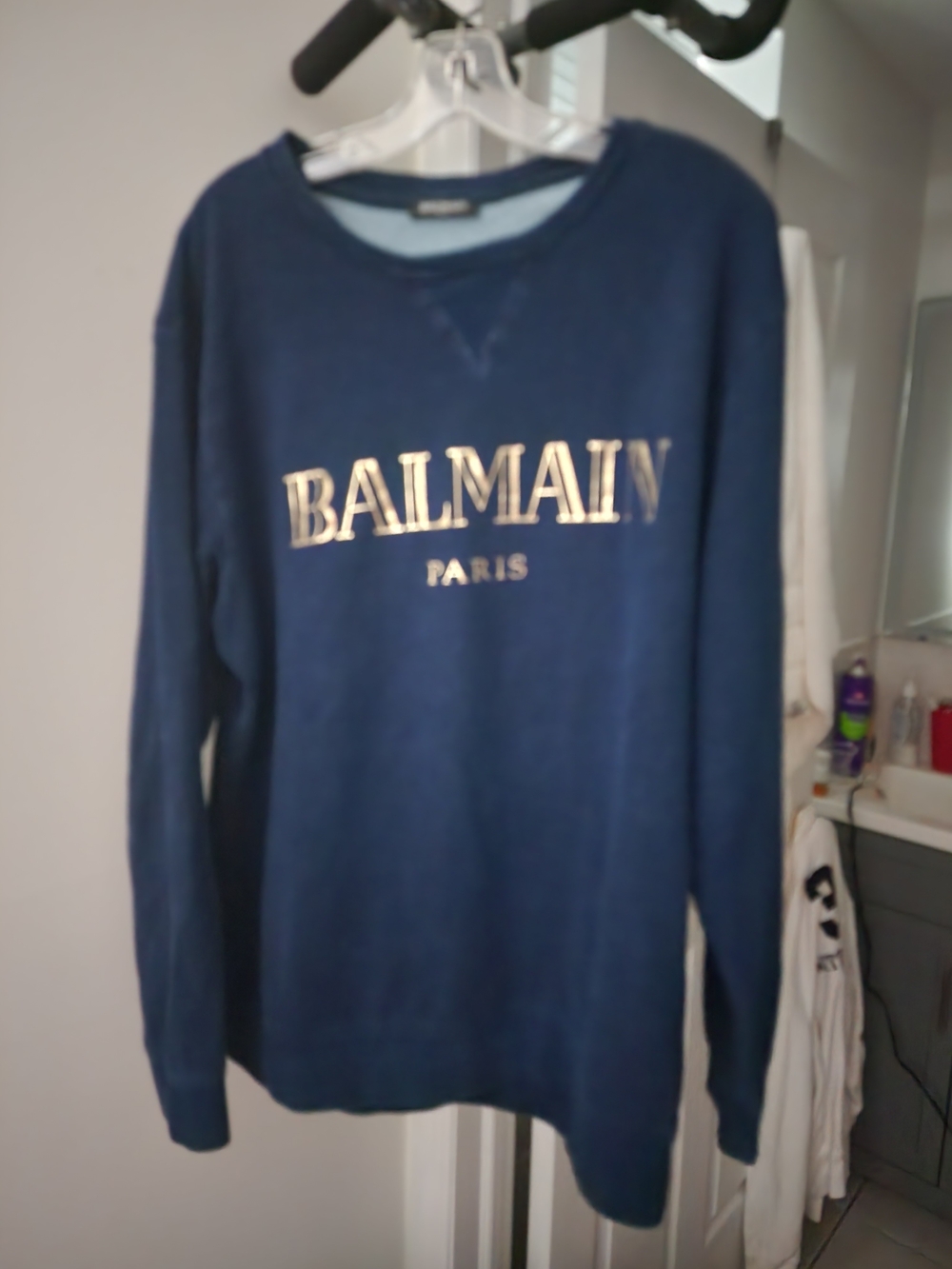 Balmain Navy Long Sleeve Sweater with Gold Logo